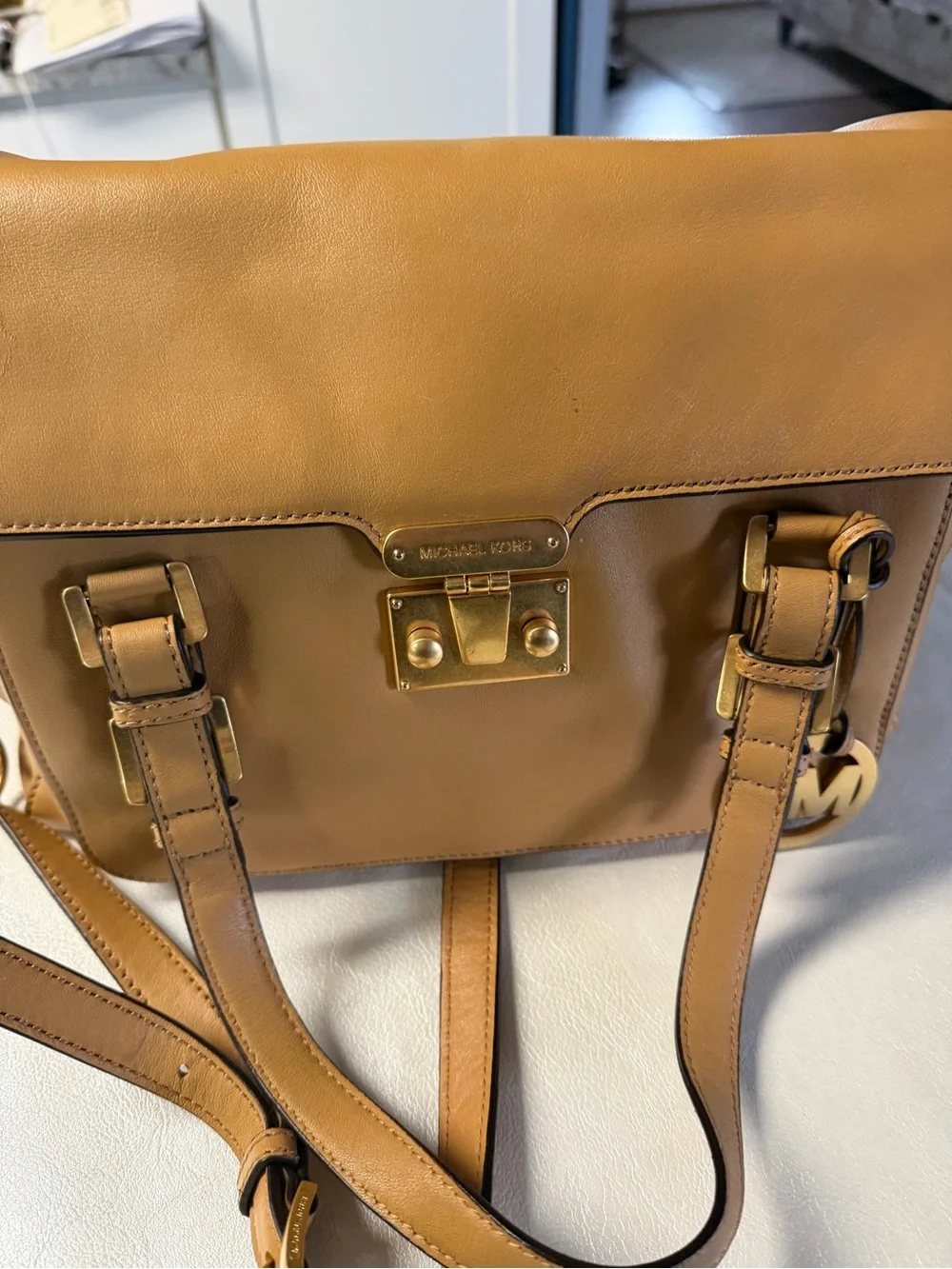 Michael Kors Camel Leather Satchel with Gold Hardware